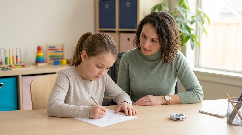 Enfant réalisant un test d'écriture chronométré avec l'ergothérapeute
